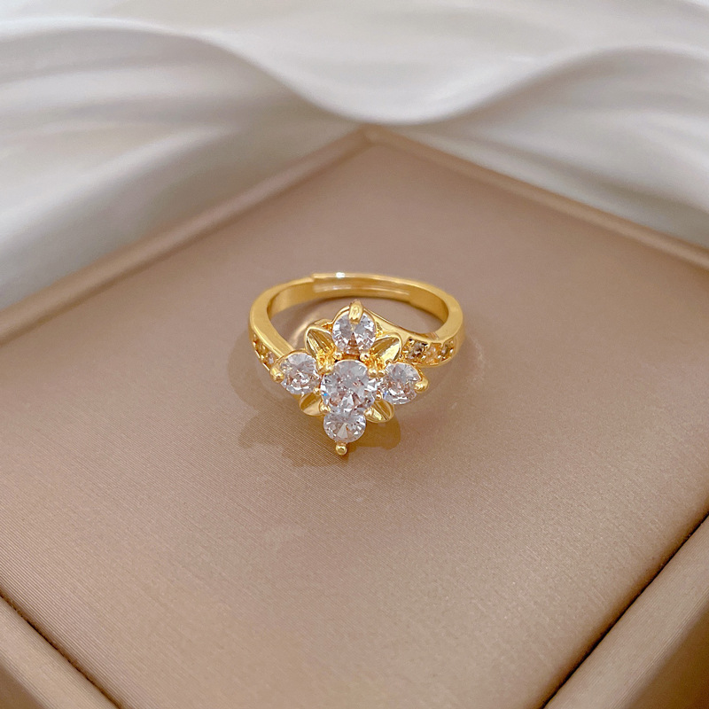 Full Diamond Flower Zirconia Ring Adjustable Gold Luxury Jewellery_voghion.com