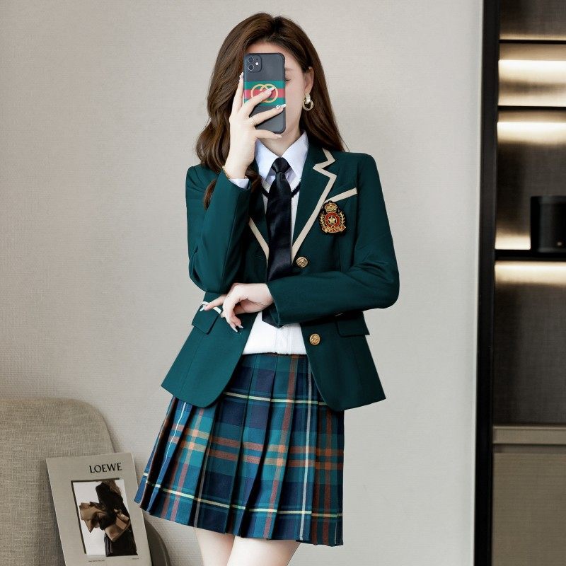 Green Blazer for Women, Spring 2025 New Style, College Style Jk, Petite Professional School Uniform Suit with Skirt