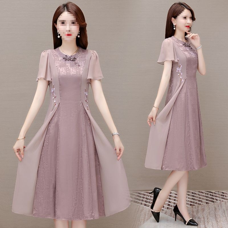 民族风改良版旗袍连衣裙夏季新款气质优雅中长款A字裙藕粉色