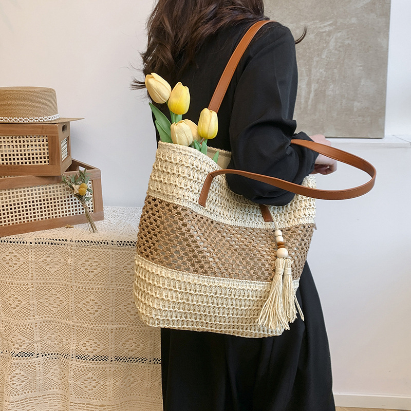 Hand-Woven Women's Straw Bag - Travel Handbag, Shoulder Bag, Beach Bag, Vacation Tote - Thumbnail 2