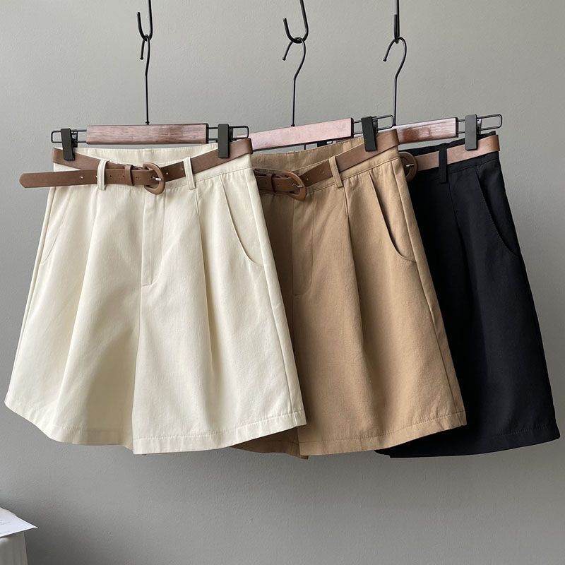 【With Belt】Women's Korean-Style High-Waisted Loose Wide-Leg Suit Shorts, Casual Workwear Shorts for Petite Figures, Five-Point Length Shorts