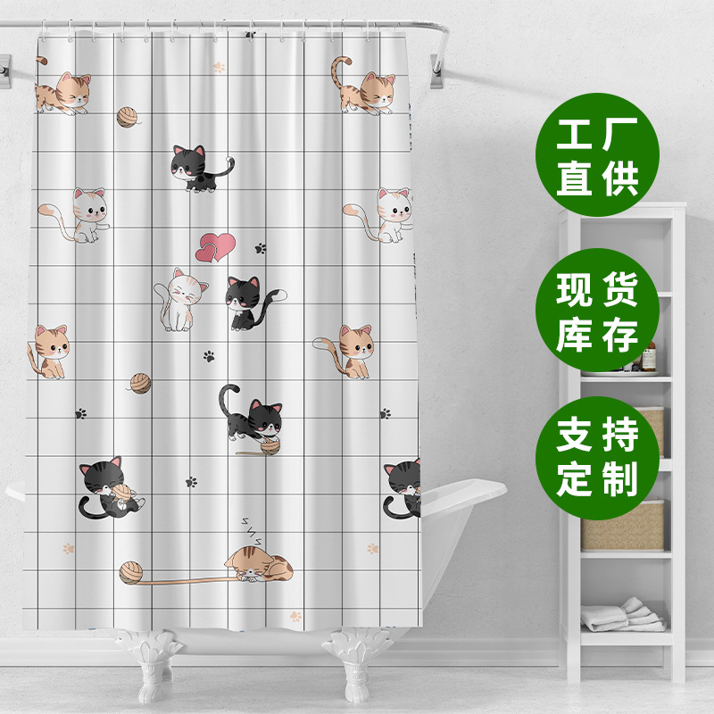 Factory wholesale waterproof shower curtain bathroom partition curtain shower curtain White cat PEVA shower curtain hook door curtain window