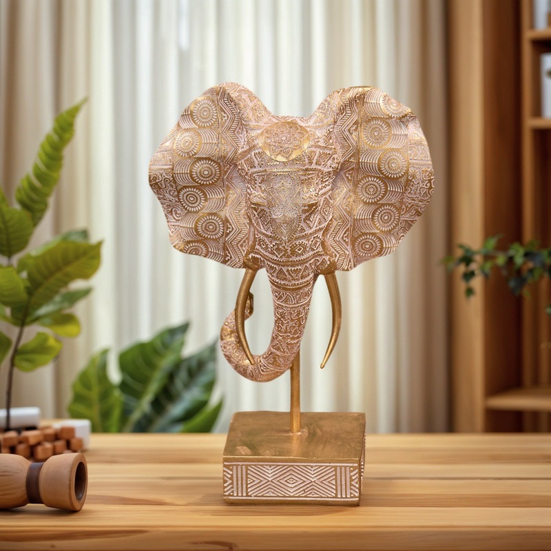 北欧スタイルの幸運の工芸品ゴールデン象の頭樹脂装飾品クリエイティブホームリビングルーム玄関縁起の良い装飾|undefined