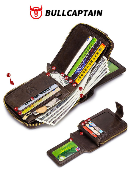 Leather wallet with zipper for driver's license