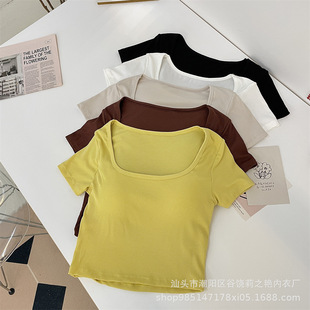 New Style All-In-One Navel-Baring Square-Neck Short-Sleeved Cup Bottoming Shirt with Breast Pads, Short Casual Top Factory Direct Sale