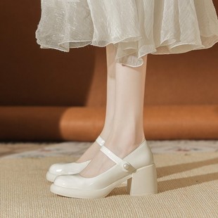 2023 Mary Jane Coarse Heel Shoes Women's Pearl French Retro High Heels Shoes with Shallow Mouth Fairy Shoes Small Leather Shoes