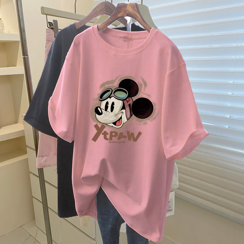 サメパンツ付き純綿半袖Tシャツレディースミドル丈ゆったりカジュアル大きいサイズトップスピンクボトムシャツ夏|undefined
