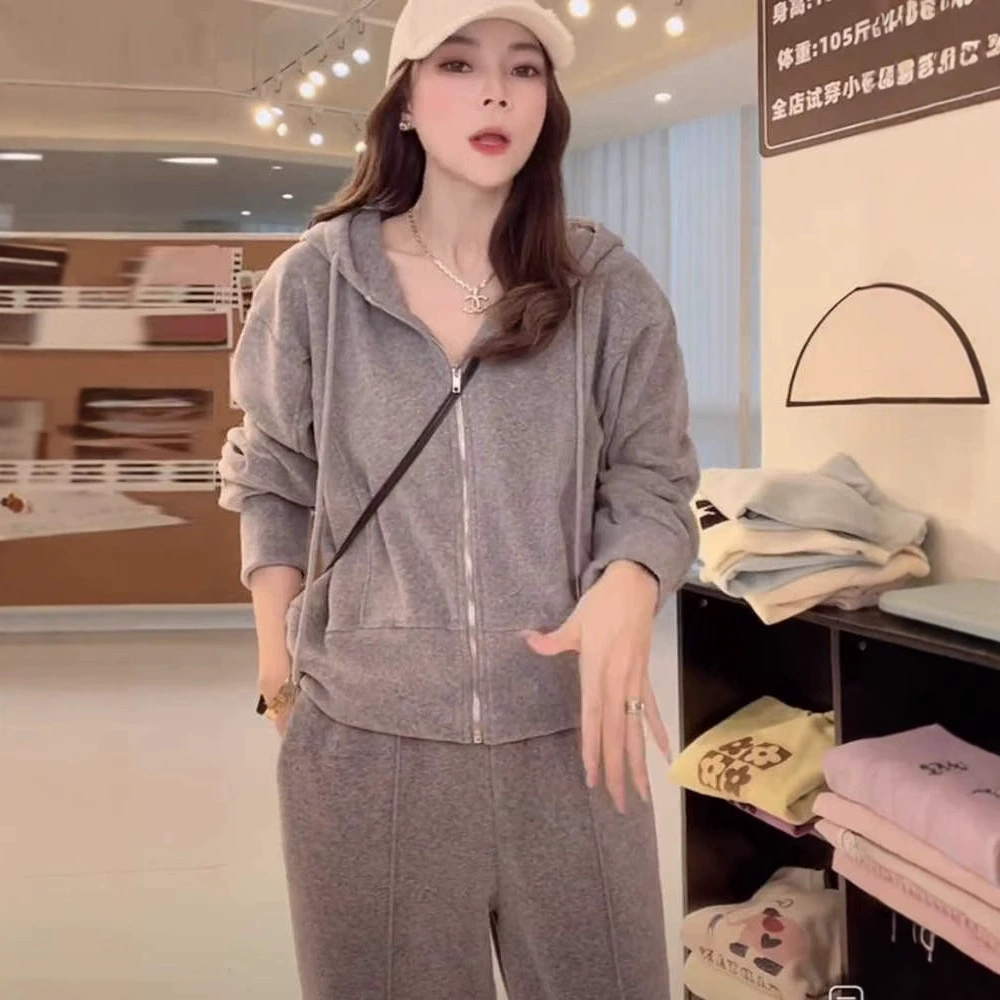Трансграничный свитер с капюшоном 2024 осенний новый внешний тощий свитер прямой брюки набор из двух частей