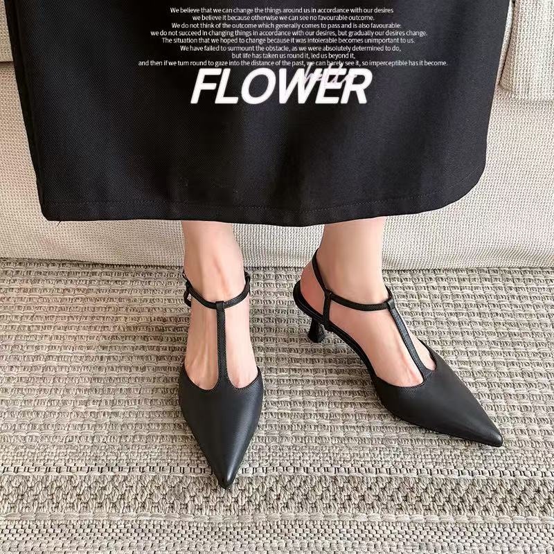 Sandal cao gót nữ mũi nhọn quai chữ T hở gót, da cừu, gót 5 cm — màu nâu chi tiết 2