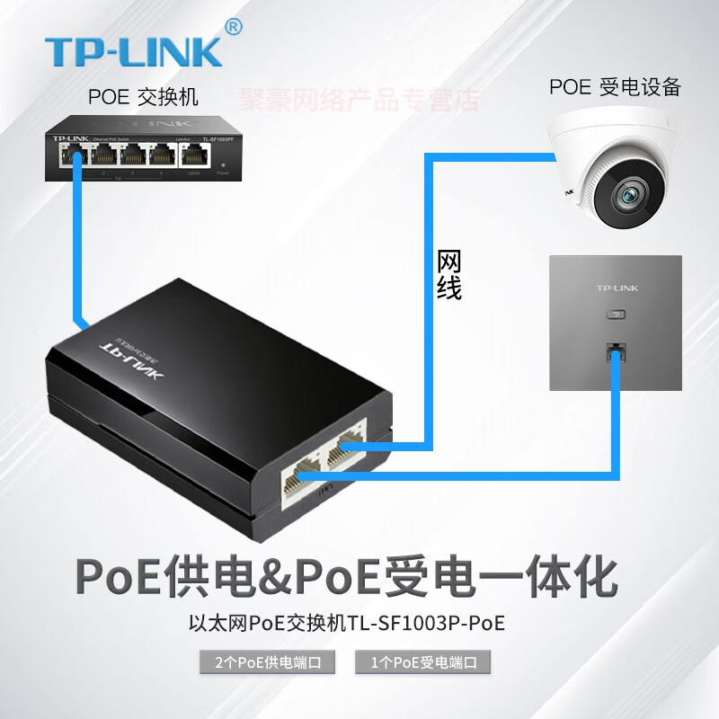 TP-LINK TL-SF1003P-PoE 百兆PoE中继延长受电供电交换机 1进2出