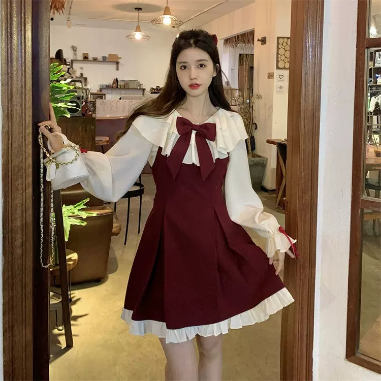过年战袍新年红色吊带连衣裙女秋冬小个子小香风短裙套装两件套裙