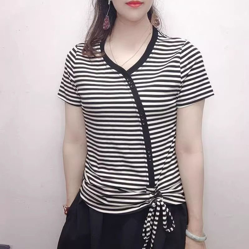 A Large-Size Women's Summer T-Shirt With Short Sleeves, Striped Design, And A Drawstring Closure Stylish In Korean Sty_ecoleips.com