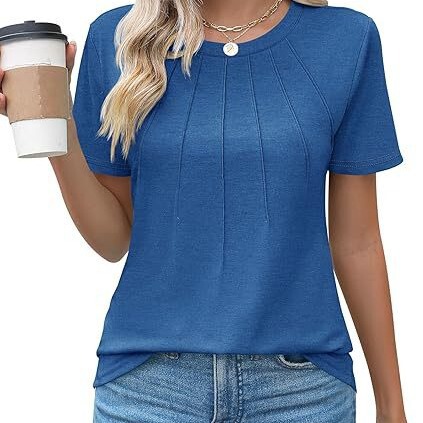 Spring and summer women's round neck pleated short sleeve solid color T-shirt top Spring and summer women's round neck pleated short sleeve solid color T-shirt top