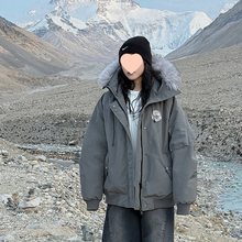 毛领派克棉服女款春夏工装加厚保暖徽章棉衣立领连帽美式外套