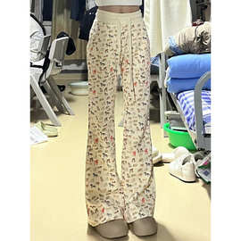 小狗满印休闲阔腿裤女春夏季高腰显瘦抽绳微喇叭裤直筒马蹄拖地裤