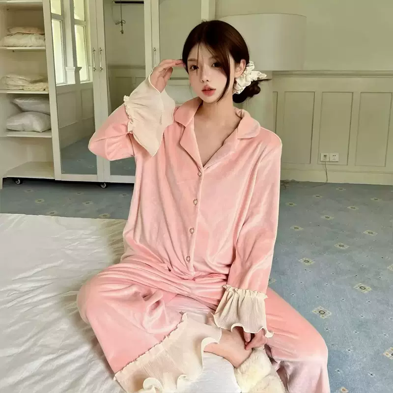 秋冬新款海岛绒睡衣女木耳边少女甜美氛围感宫廷风长袖家居服套装