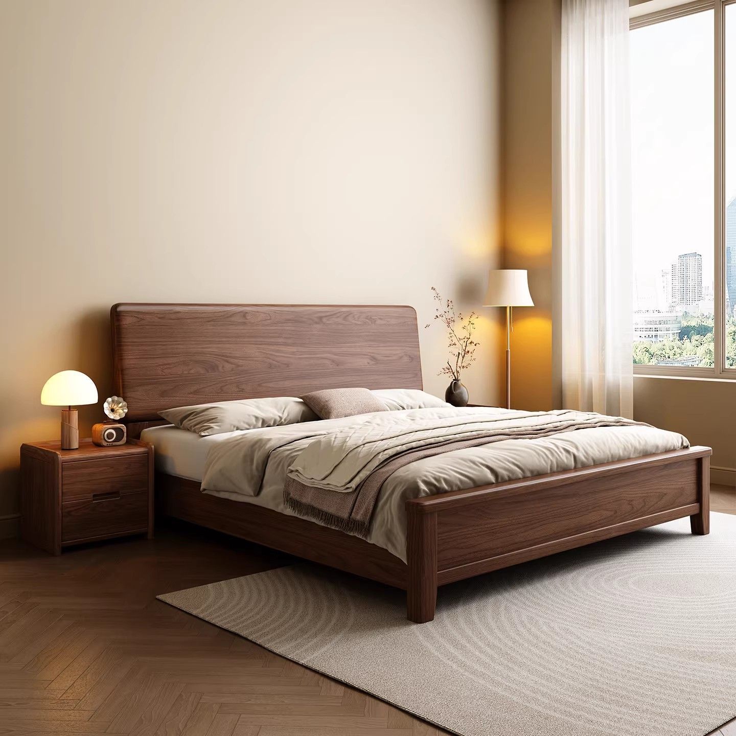 Black Walnut Solid Wood Bed Nordic Style Master Bedroom Large Bed Mortise and Tenon Structure All Solid Wood Large Bed Modern Simple Double Bed