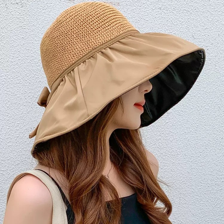 Summer Vinyl Bow Tie Sun Hat for Women, Lattice Hole Straw Hat, Wide Brim Face Covering Sun Protection UV Fishing Hat