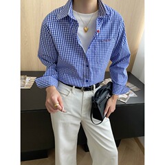司南 早秋新款 知识分子风蓝色格子刺绣气质休闲衬衫叠穿 SN7794