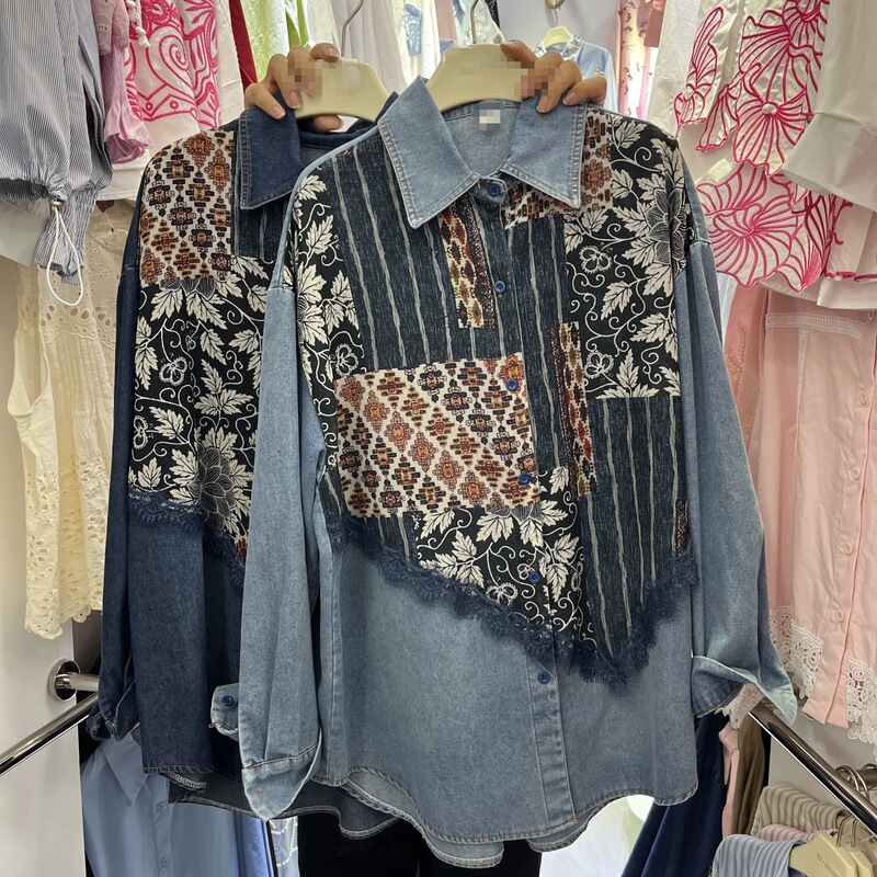 European Collection 2026 Spring New Arrival Elegant Turn-down Collar Versatile Loose Printed Lace Denim Shirt Top European Collection 2026 Spring New Arrival Elegant Turn-down Collar Versatile Loose Printed Lace Denim Shirt Top