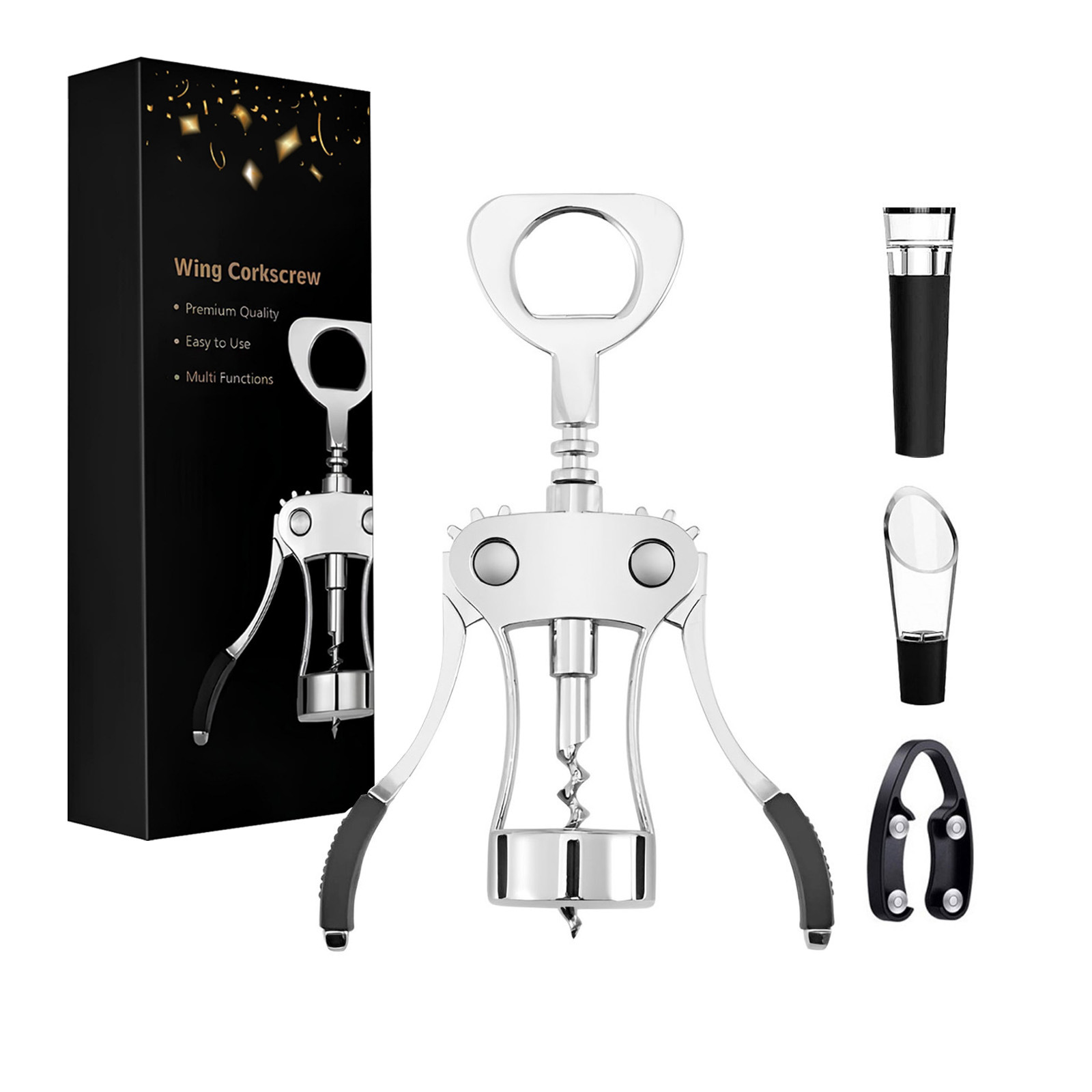 실버 윙 병따개 4종 세트(진공펌프+커터+와인 가이드)
