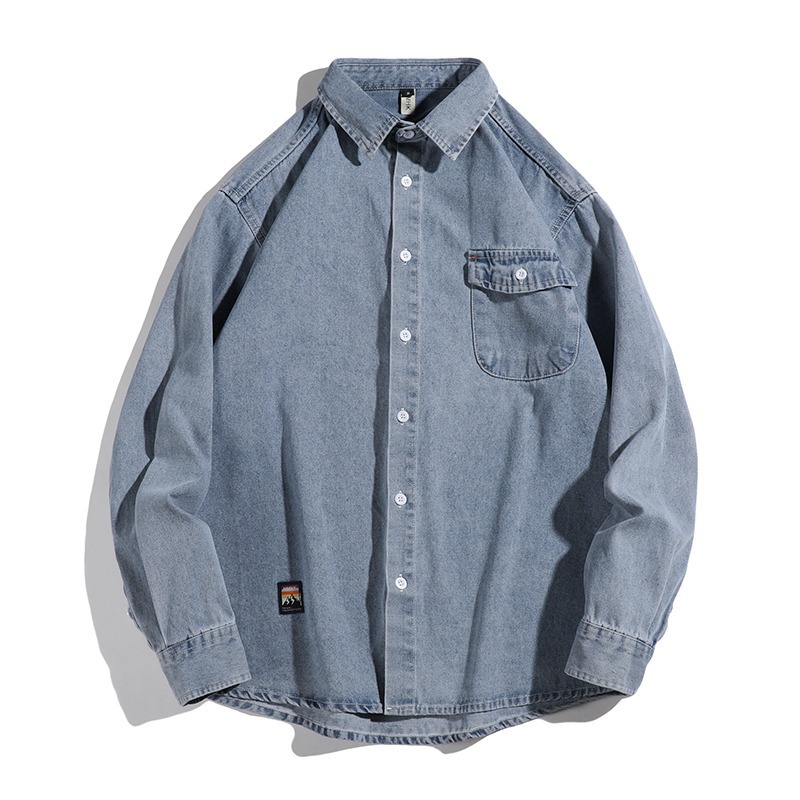 春秋季浅蓝色新款牛仔衬衫外套男士宽松显年轻休闲夹克衬衣服男装