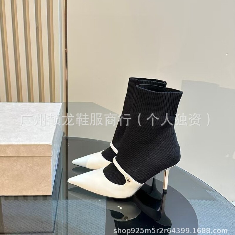 高端2025秋冬真皮尖头拼色细跟针织弹力高跟短靴瘦瘦靴时装单靴女|undefined