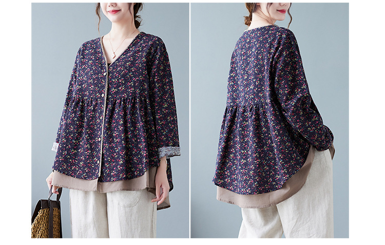 350g Weight Long Sleeve Sleeve Length Single Breasted Placket Type Regular Sleeve Sleeve Type Printing, Cotton and Linen, Hemp Fabric Type Ordinary Model (50cm <Length ≤ 65cm) Top Length Fake two-piece set, Shirt Tops Type V Neck Neckline Loose Fit Type Floral Pattern Temperament Commuter, Commute style Style Printing Craft Autumn 2025 Women's Floral V-neck Open Cardigan Fake Two-Piece Loose Cotton Linen Plus Size Shirt Elegant Commute Style 5