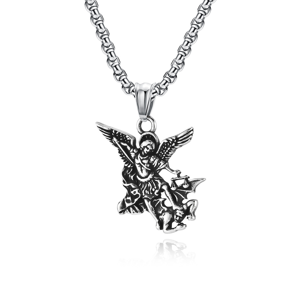 Cross-Border Source European And American Retro Style Saint Michael The Archangel Titanium Steel Necklace Niche_voghion.com