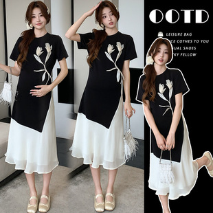 Maternity Summer Dress with a High-End Vintage Feel, 2025 New Style for Petite Figures, Short-Sleeve Faux Two-Piece Dress with Three-Dimensional Floral Design