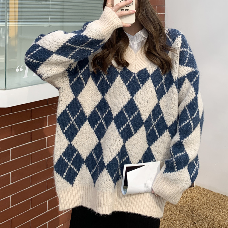 Autumn and Winter Sweater Long Academic Style Geometric Color-matching V-neck Loose Pullover Jacket Women's Knitted Top Clearance Autumn and Winter Sweater Long Academic Style Geometric Color-matching V-neck Loose Pullover Jacket Women's Knitted Top Clearance
