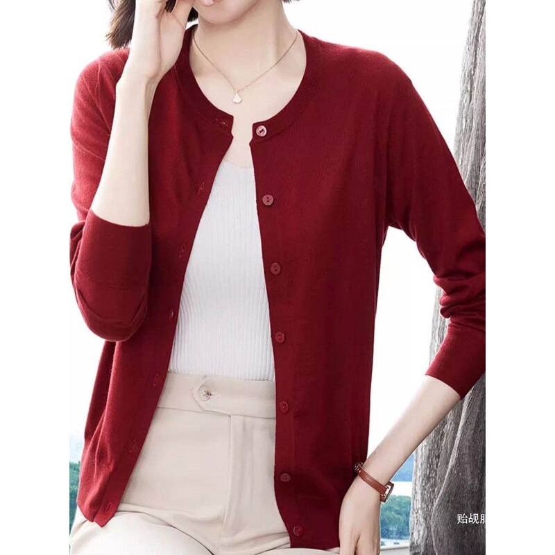 Ordos City Knitted Wool Cardigan Women's Spring and Autumn New Style Round Neck Thin Short Coat Cashmere Top Sweater