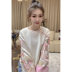 新中式国潮风刺绣卫衣女春秋轻奢设计感拼接内搭长袖T恤上衣