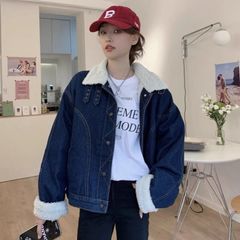 羊羔毛短款牛仔外套女秋冬季加绒加厚宽松bf风小个子蓝色夹克棉服