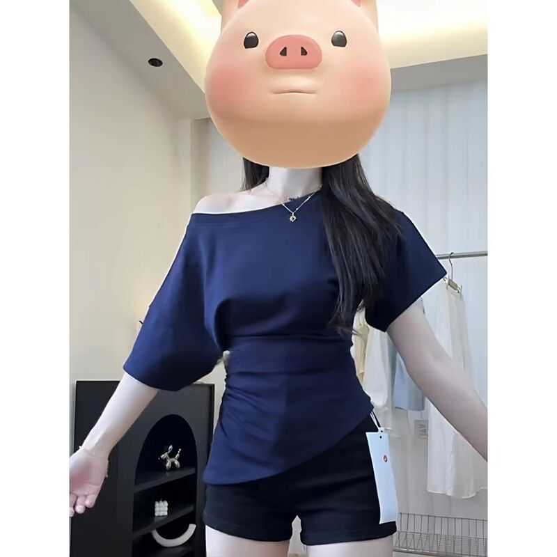 コーマ綿斜め肩ワンショルダー半袖Tシャツ夏新作スリム不規則スリムデザインホットガールレイジートップ|undefined