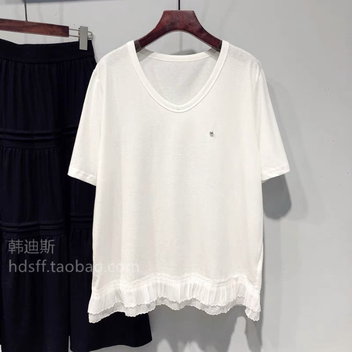 B926型 # 【公式写真実価】特大サイズ 150kg 裾レースステッチ ゆったりUネック半袖Tシャツ トップス レディース|undefined