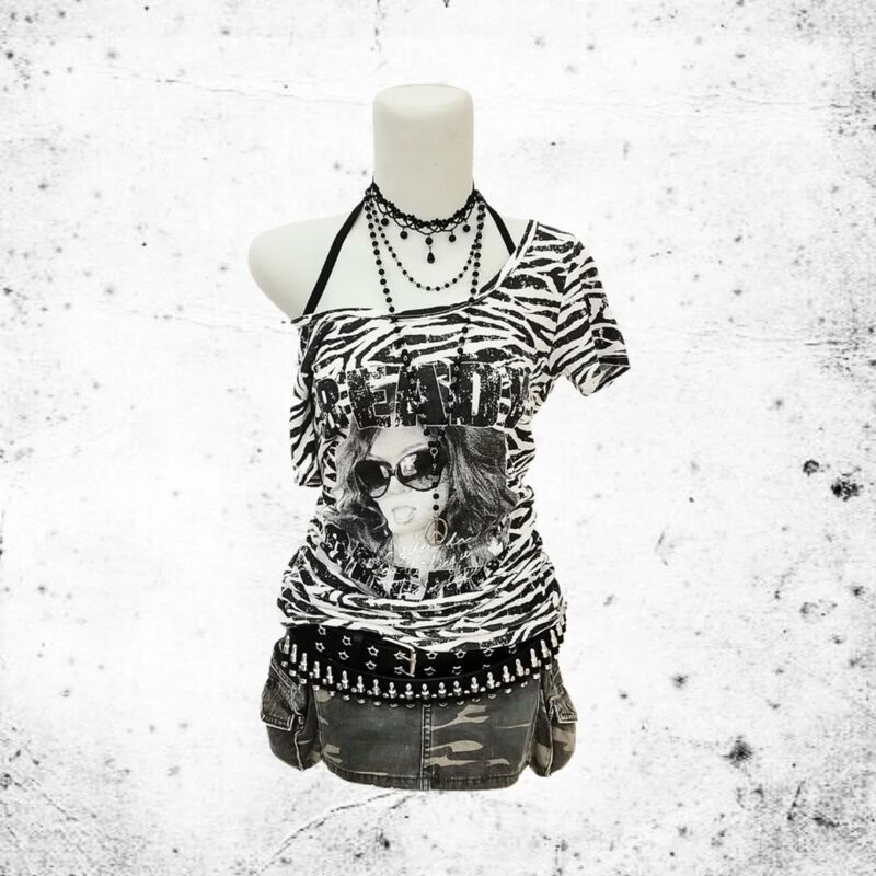 American Retro Millennial Hot Girl Y2K Zebra Slim Wide Collar Lace-Up Short Sleeve Rock Harajuku Shibuya Old-Fashioned T-Shirt