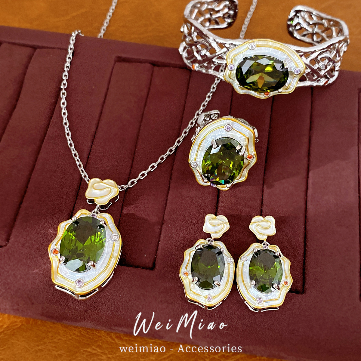 18k real gold-plated silver needle cubic zirconia oval pendant necklace, earrings, bracelet, and ring set – a unique collection of accessories