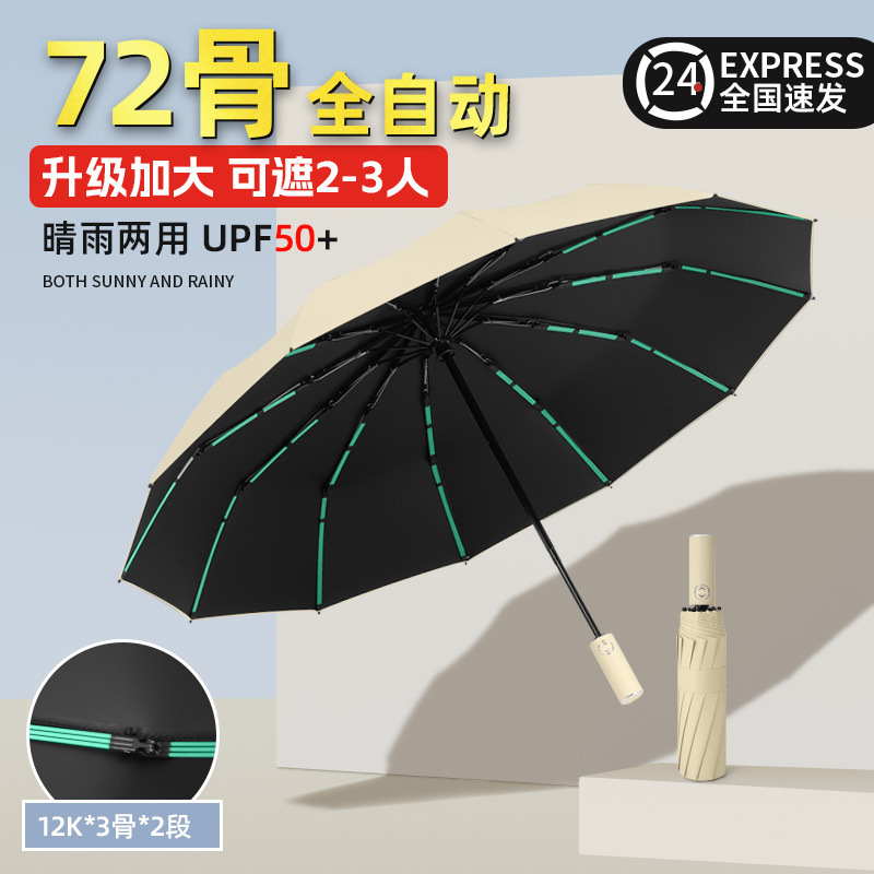 72 Bone Umbrella Business Advanced Sense Fully Automatic Folding Umbrella Reinforced Windproof and Rainproof Dual-purpose Black Rubber Sunscreen Sunshade Umbrella