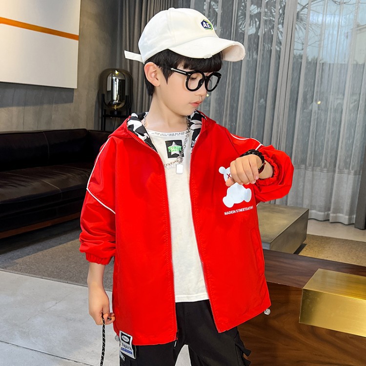 Spring double-sided jacket for boys for leisure with hood