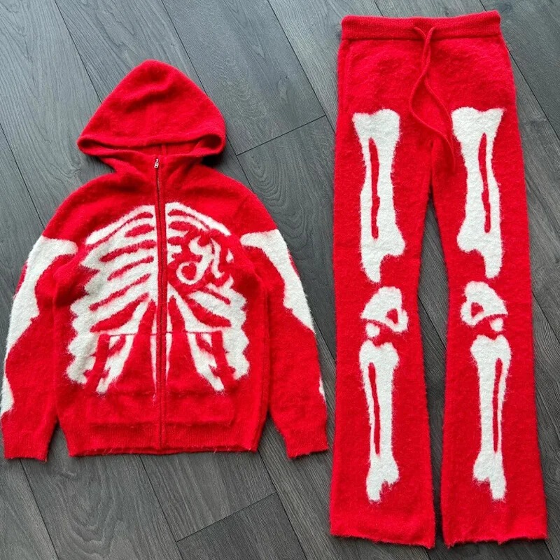 Cross-border punk wool skeleton one-piece sweater zipper sweater coat trousers hip hop knitted cardigan skull hooded