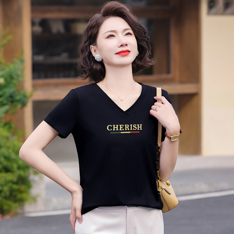 Vネック半袖Tシャツレディース2025新作夏スリムフィット半袖Tシャツ洋風ママ万能トップス|undefined