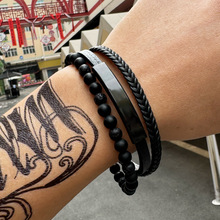 美国环保外贸饰品PU皮革手链男款个性三层火山石珠子皮手链