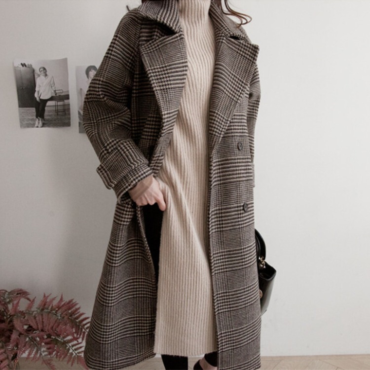 South Korea Dongdaemun winter New thickened woolen coat Women's Mid-length plaid woolen trench coat women