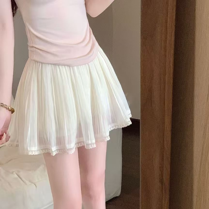 法式甜美蕾丝花边网纱蓬蓬百褶裙夏季防走光短裙温柔奶杏色纱纱裙
