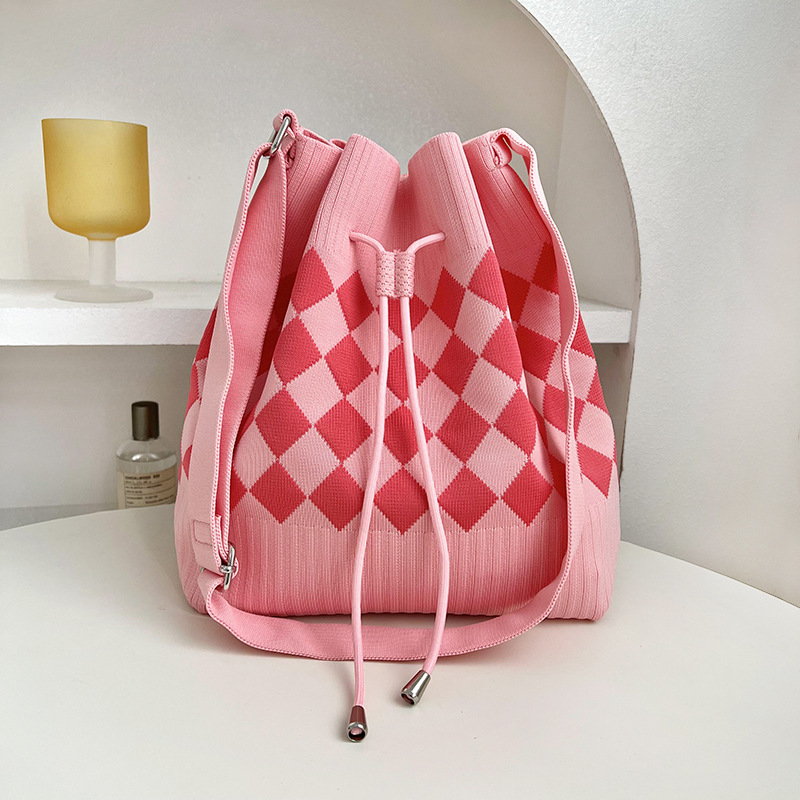 Nuevo bolso de cubo con cordón, bolso de punto, bolso de mano casual de gran capacidad, tablero de ajedrez, bolso tejido de moda de doble clavija
