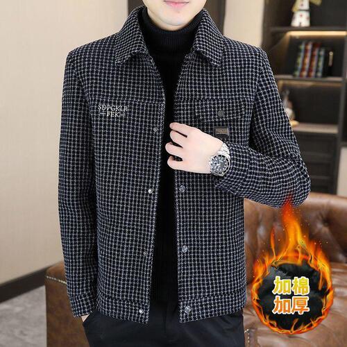 New quilted and thickened lapel coat for men, autumn and winter fashion brand, grid print short trench coat, stylish women's coat