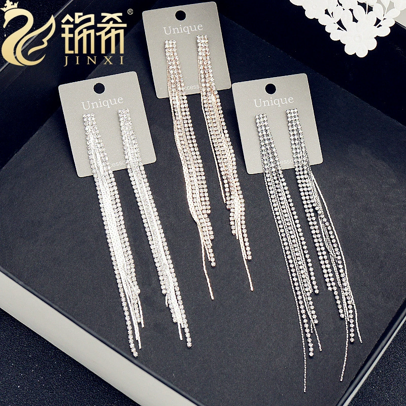 South Korean goods, chain with tassels, shiny earrings, diamond encrusted, wholesale