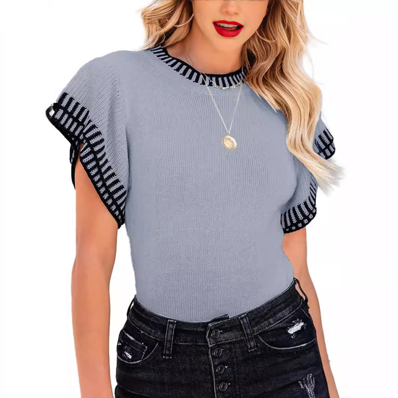 Processing Custom Women's Short Sleeve Sweater Top Summer Ruffled Striped Loose Round Neck Lightweight Soft Knitted Wool Processing Custom Women's Short Sleeve Sweater Top Summer Ruffled Striped Loose Round Neck Lightweight Soft Knitted Wool