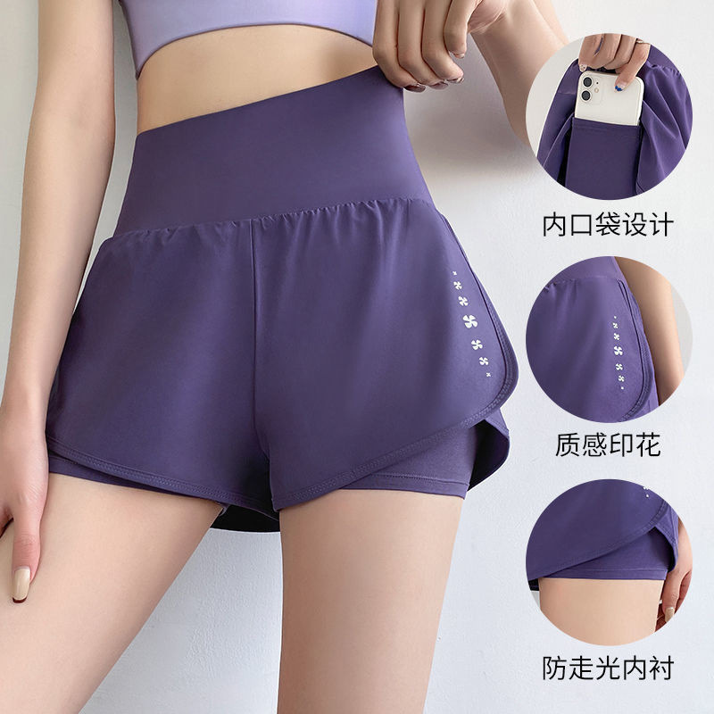 运动短裤女假两件防走光3分裤跑步高腰瑜伽休闲裤双层口袋夏厂|undefined